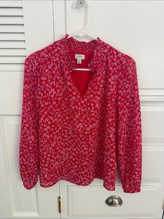 J. Crew Tops - J. Crew Red-Pink Heart Print Ruffled Collar Blouse